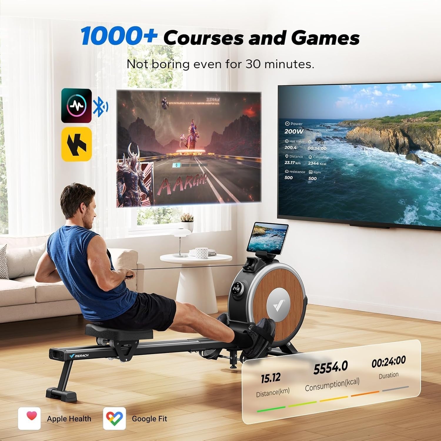 Magnetic Rowing Machine Electromagnetic 16 - Level Dual Rail Quiet App Smart Rower - Kwikley