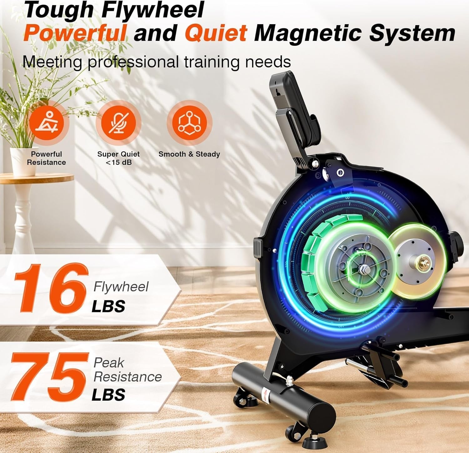 Magnetic Rowing Machine Quiet 16 - Level App Compatible 350LB Home Fitness Rower - Kwikley