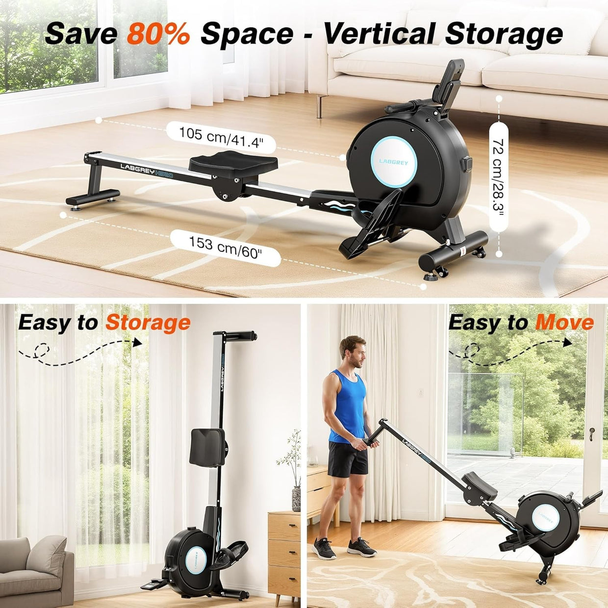 Magnetic Rowing Machine Quiet 16 - Level App Compatible 350LB Home Fitness Rower - Kwikley