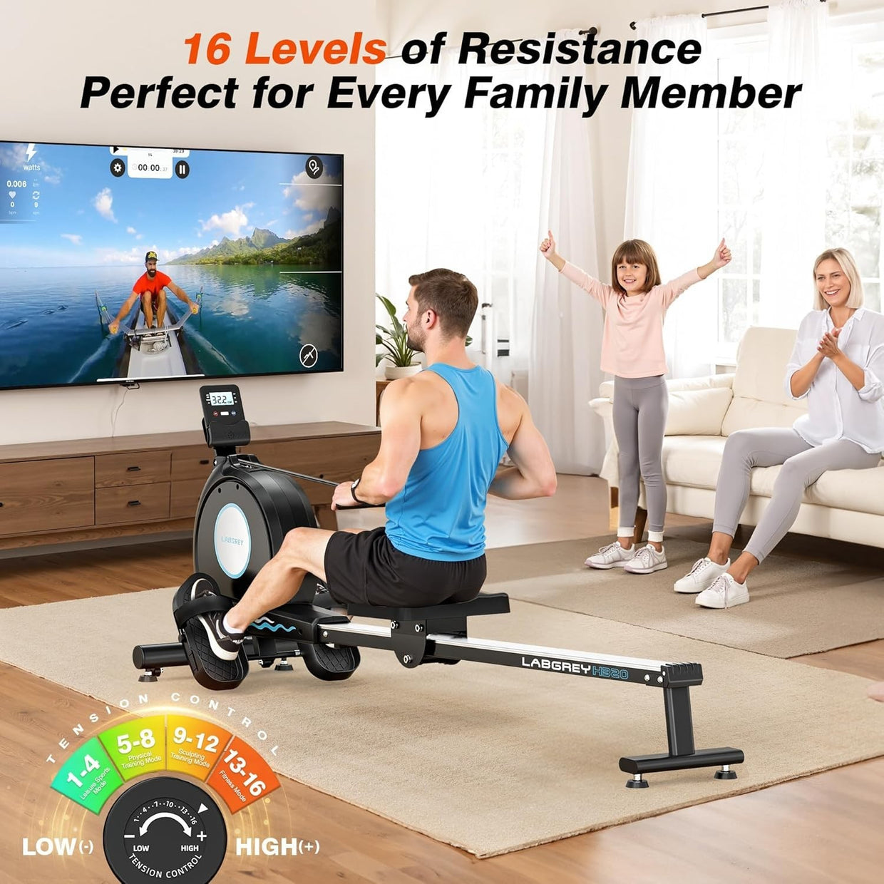 Magnetic Rowing Machine Quiet 16 - Level App Compatible 350LB Home Fitness Rower - Kwikley