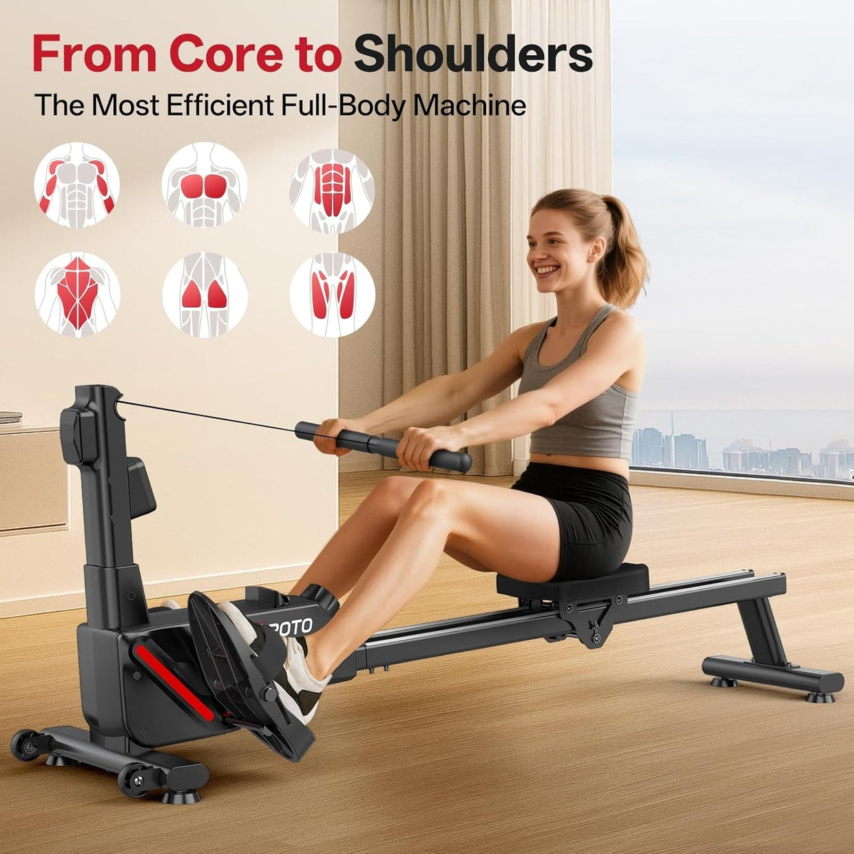Magnetic Rowing Machine Quiet 16 - Level Dual Rail App Compatible Compact Home - Kwikley