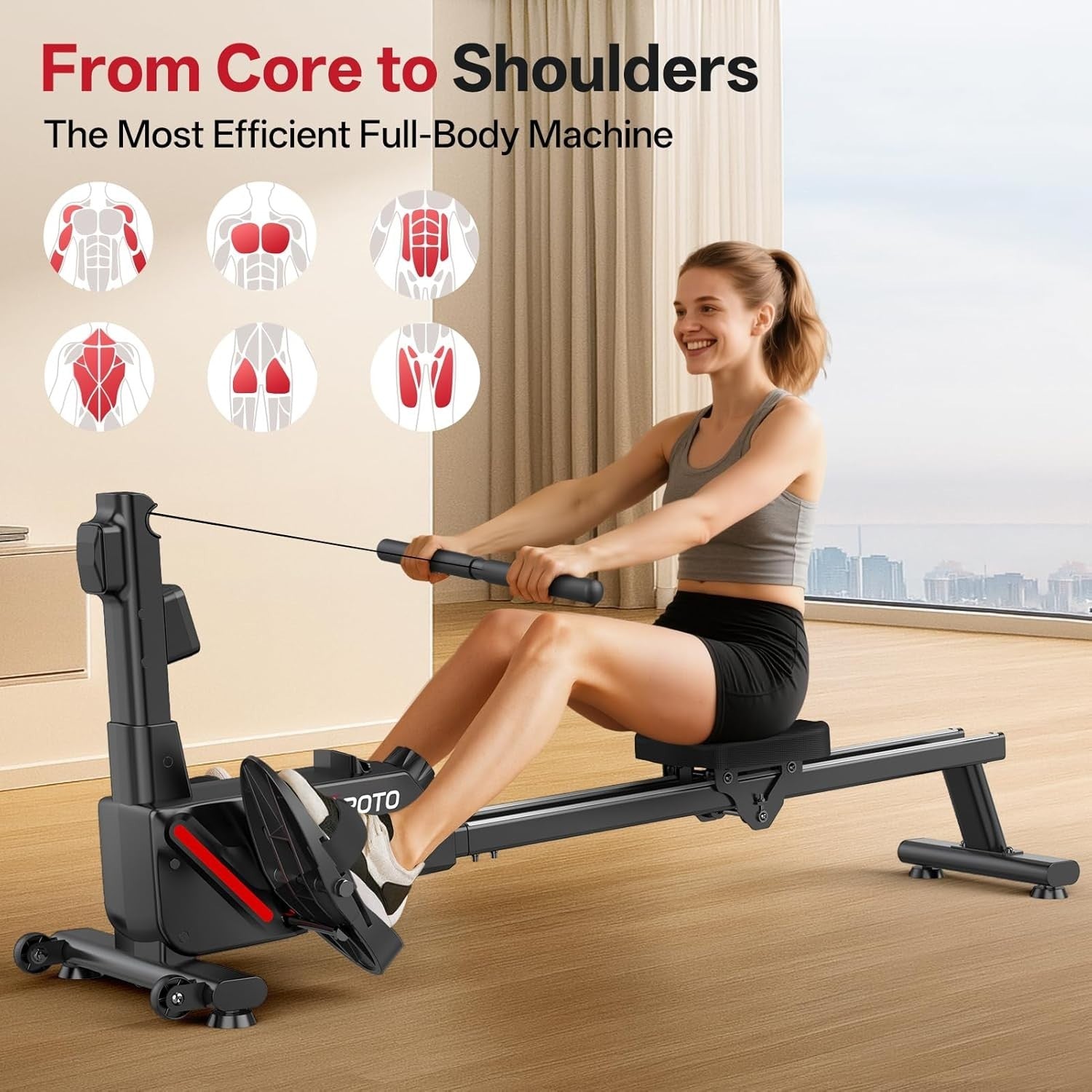 Magnetic Rowing Machine Quiet 16 - Level Dual Rail App Compatible Compact Home - Kwikley