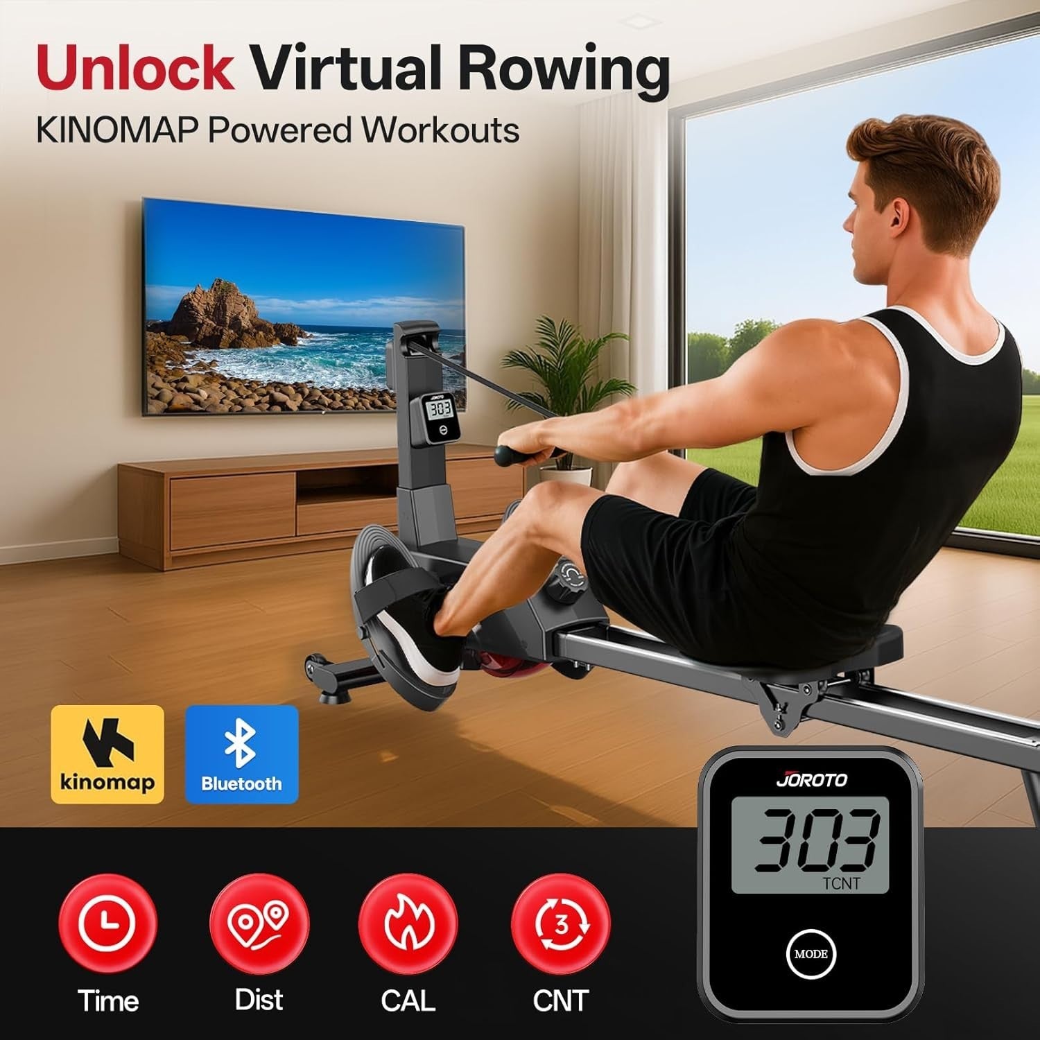 Magnetic Rowing Machine Quiet 16 - Level Dual Rail App Compatible Compact Home - Kwikley