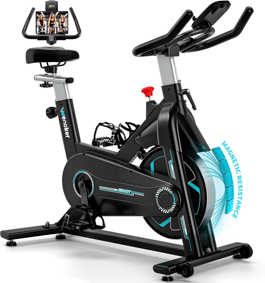Magnetic Silent Indoor Spin Bike w/ LCD Monitor, APP Support & Heavy Flywheel - Kwikley