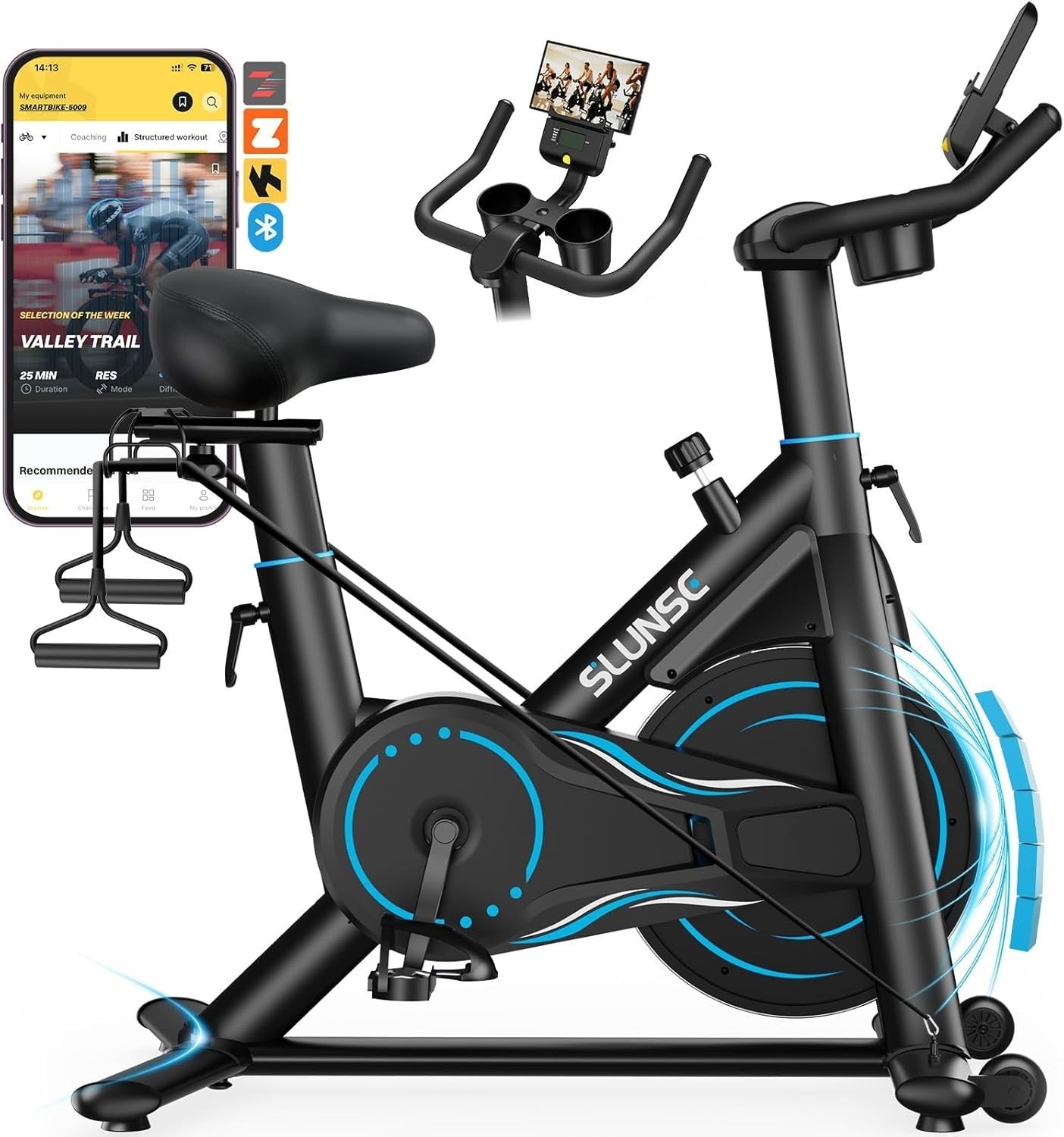 Magnetic Spin Bike w/ APP, LCD Monitor, 35lb Flywheel, Dumbbell Rack 180kg Cap - Kwikley