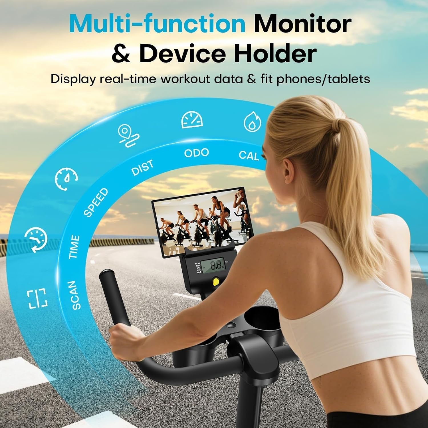 Magnetic Spin Bike w/ APP, LCD Monitor, 35lb Flywheel, Dumbbell Rack 180kg Cap - Kwikley