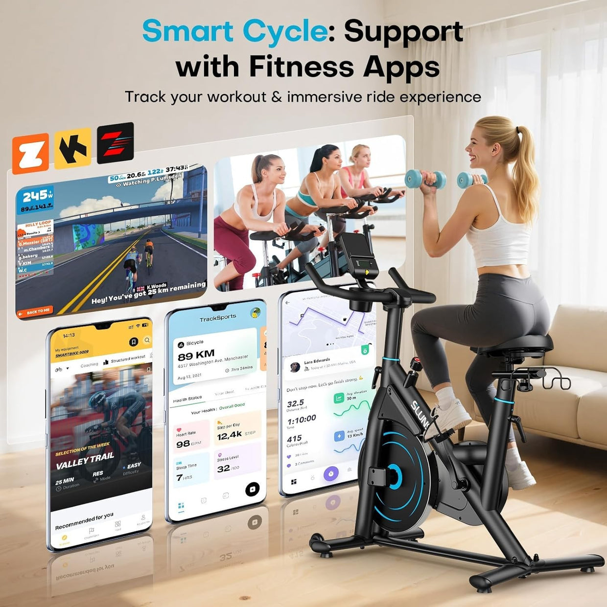 Magnetic Spin Bike w/ APP, LCD Monitor, 35lb Flywheel, Dumbbell Rack 180kg Cap - Kwikley