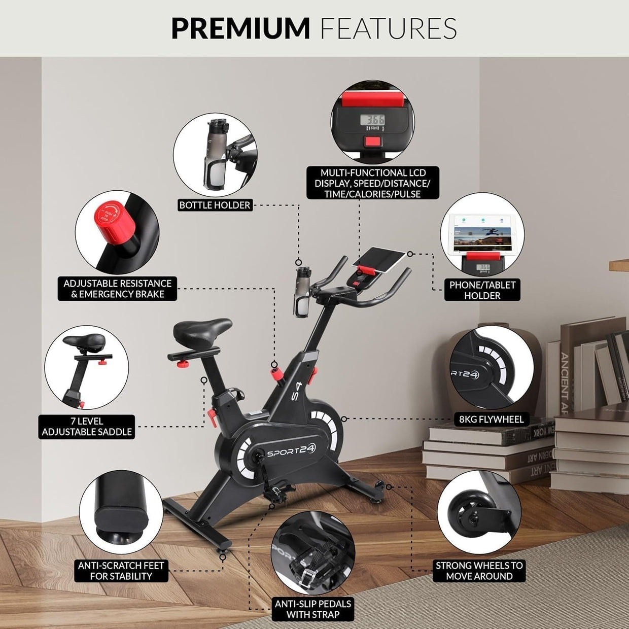 Magnetic Spin Bike w/ LCD Display, 8kg Flywheel, Heart Rate & Tablet Holder - Kwikley