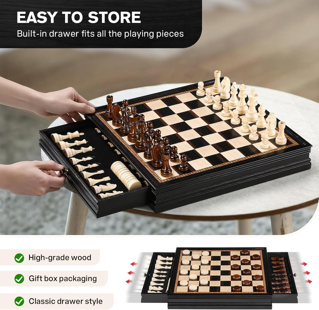 Magnetic Wooden Chess & Checkers Set 15" Board w/ Storage Drawers Extra Queens - Kwikley