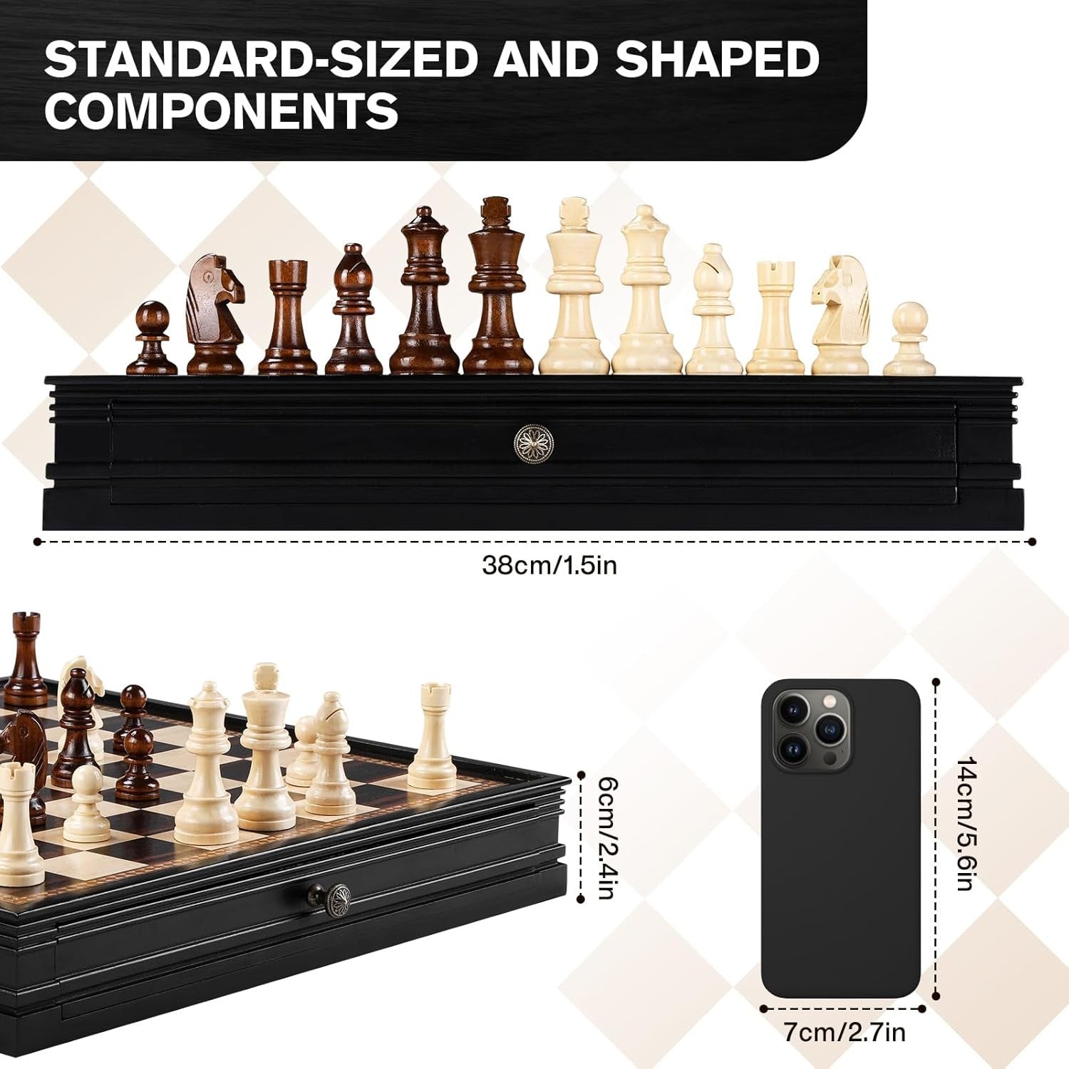 Magnetic Wooden Chess & Checkers Set 15" Board w/ Storage Drawers Extra Queens - Kwikley