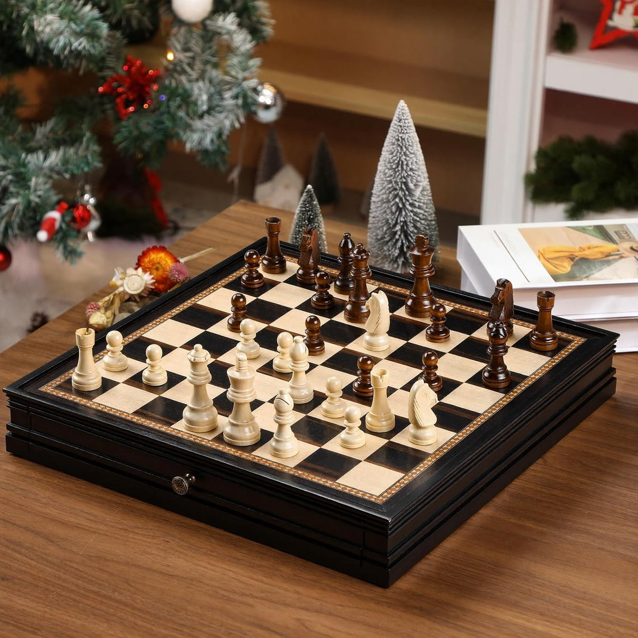 Magnetic Wooden Chess & Checkers Set 15" Board w/ Storage Drawers Extra Queens - Kwikley