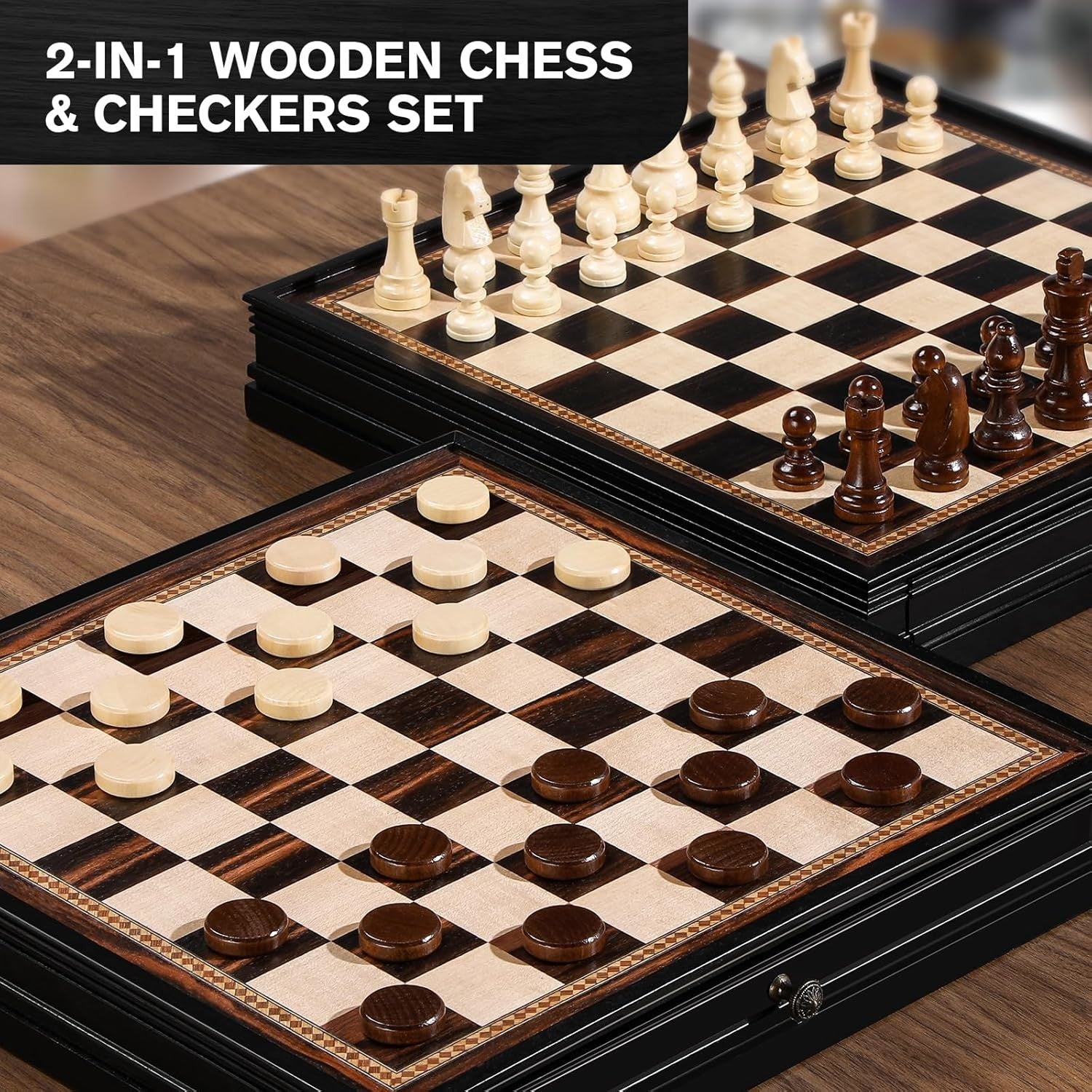 Magnetic Wooden Chess & Checkers Set 15" Board w/ Storage Drawers Extra Queens - Kwikley