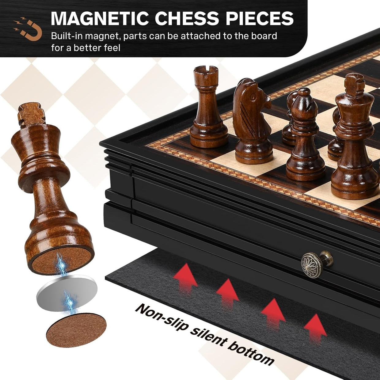 Magnetic Wooden Chess & Checkers Set 15" Board w/ Storage Drawers Extra Queens - Kwikley