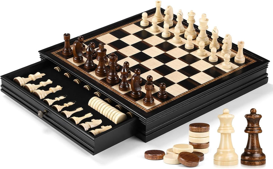 Magnetic Wooden Chess & Checkers Set 15" Board w/ Storage Drawers Extra Queens - Kwikley