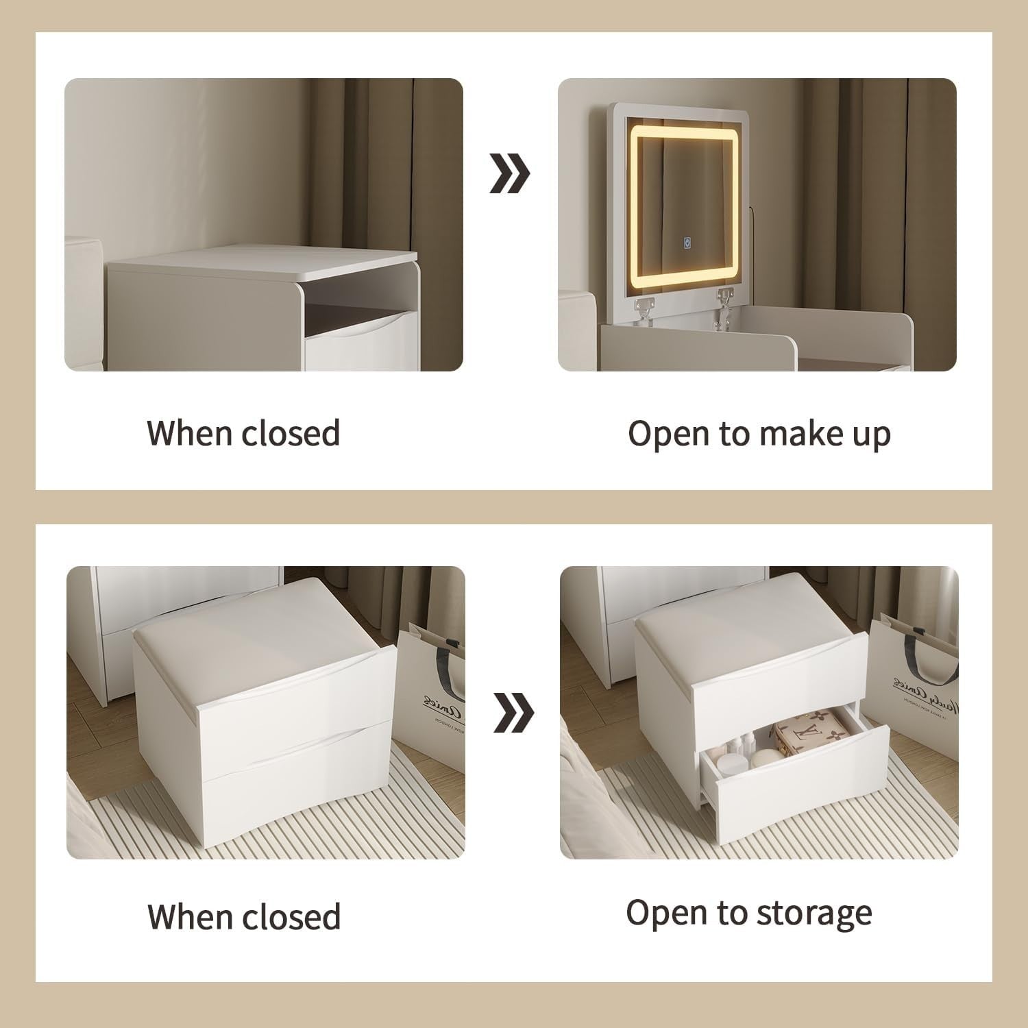 Makeup Dressing Table with Lights Mirror Flip Top 3 Drawers Vanity Desk White - Kwikley