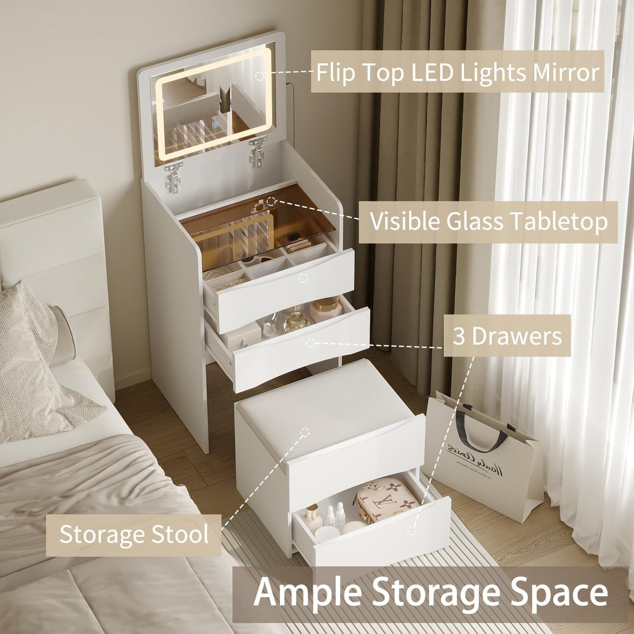 Makeup Dressing Table with Lights Mirror Flip Top 3 Drawers Vanity Desk White - Kwikley