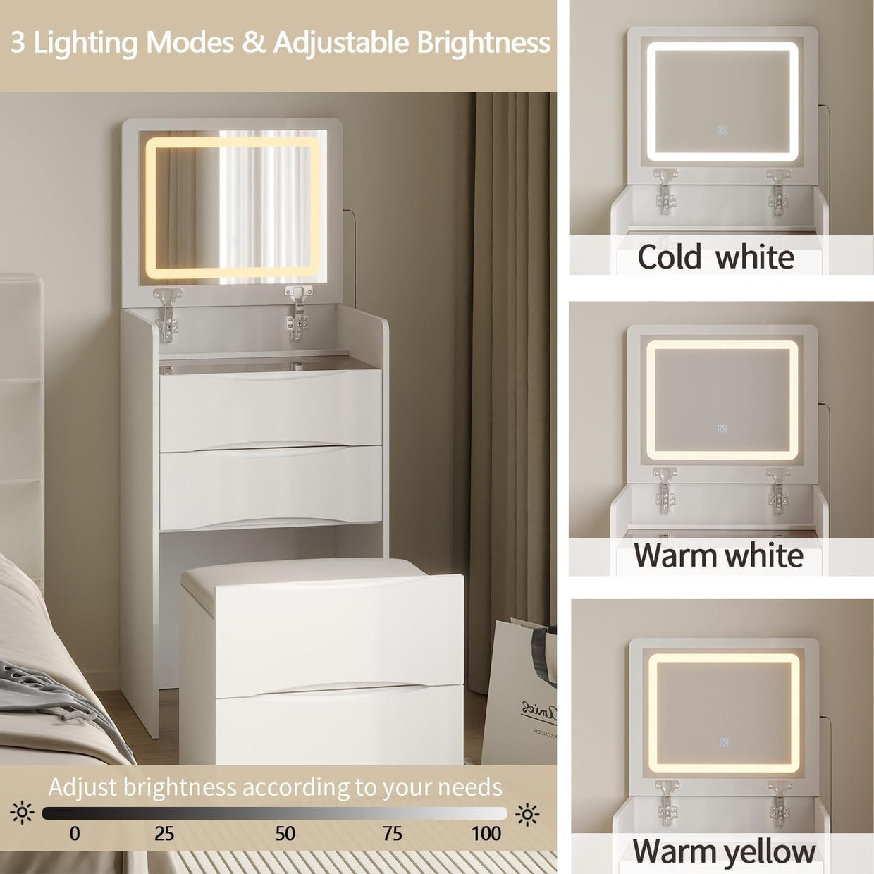 Makeup Dressing Table with Lights Mirror Flip Top 3 Drawers Vanity Desk White - Kwikley