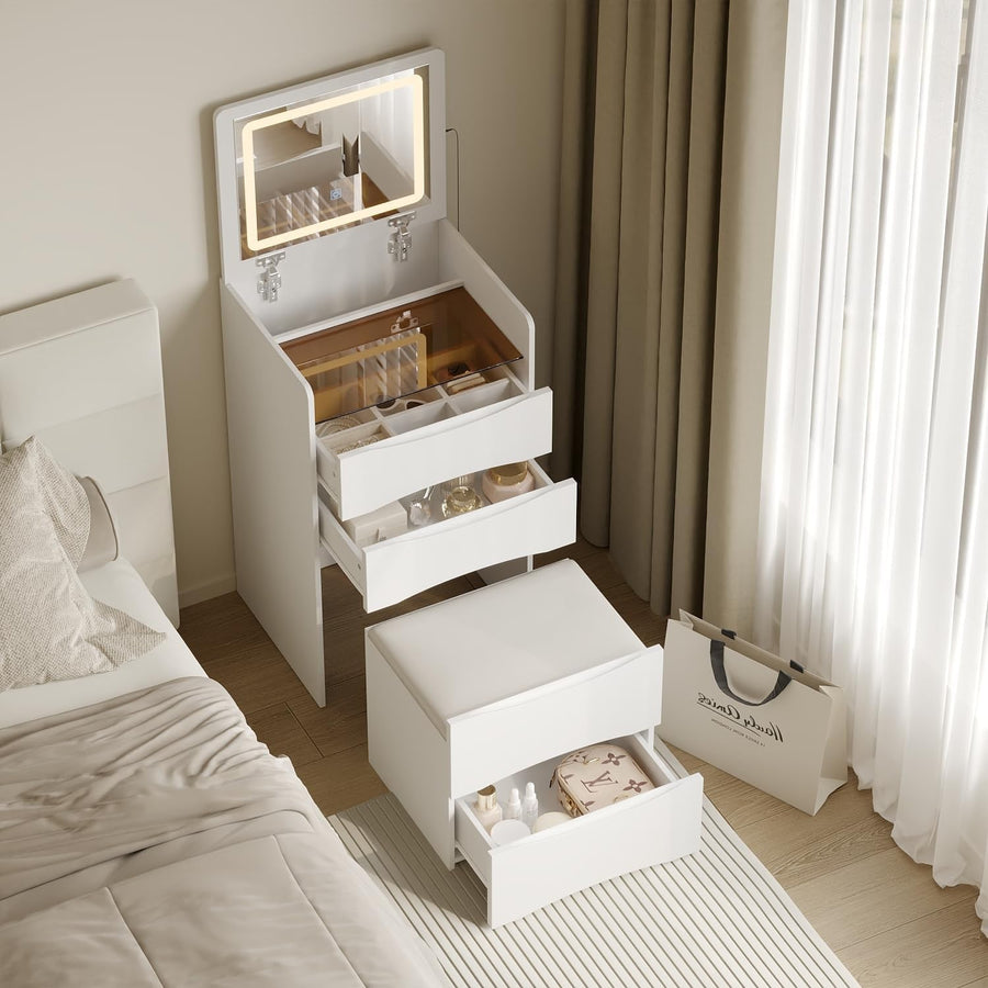Makeup Dressing Table with Lights Mirror Flip Top 3 Drawers Vanity Desk White - Kwikley
