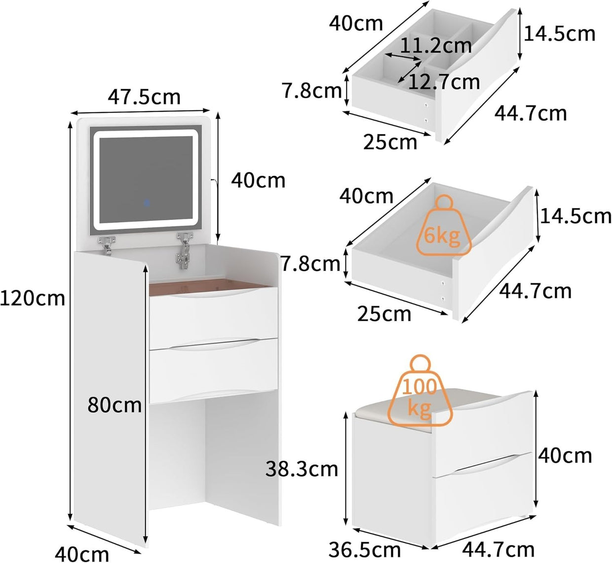 Makeup Dressing Table with Lights Mirror Flip Top 3 Drawers Vanity Desk White - Kwikley
