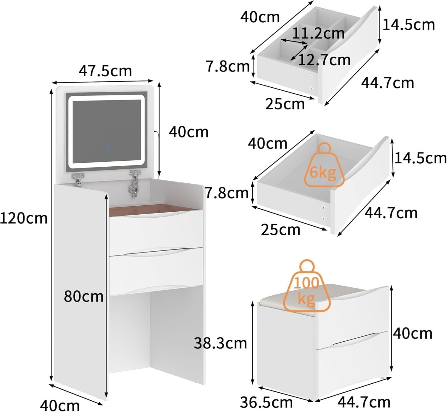 Makeup Dressing Table with Lights Mirror Flip Top 3 Drawers Vanity Desk White - Kwikley