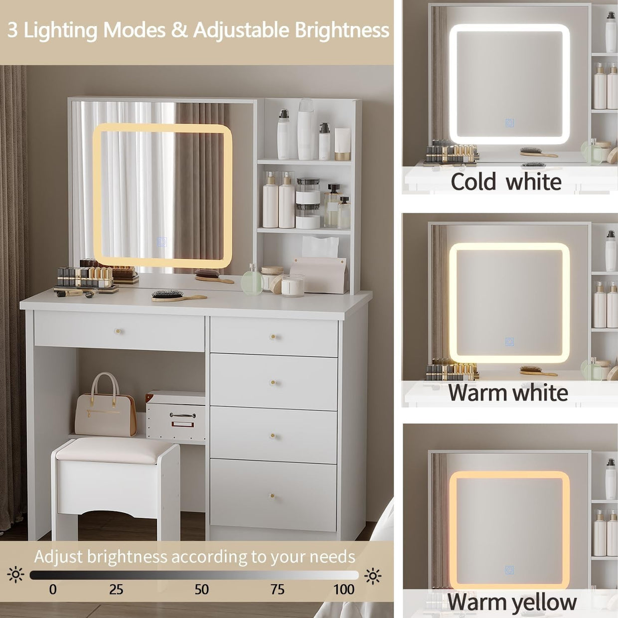 Makeup Vanity Dressing Table LED Mirror 5 Drawer Set & Stool Storage White - Kwikley