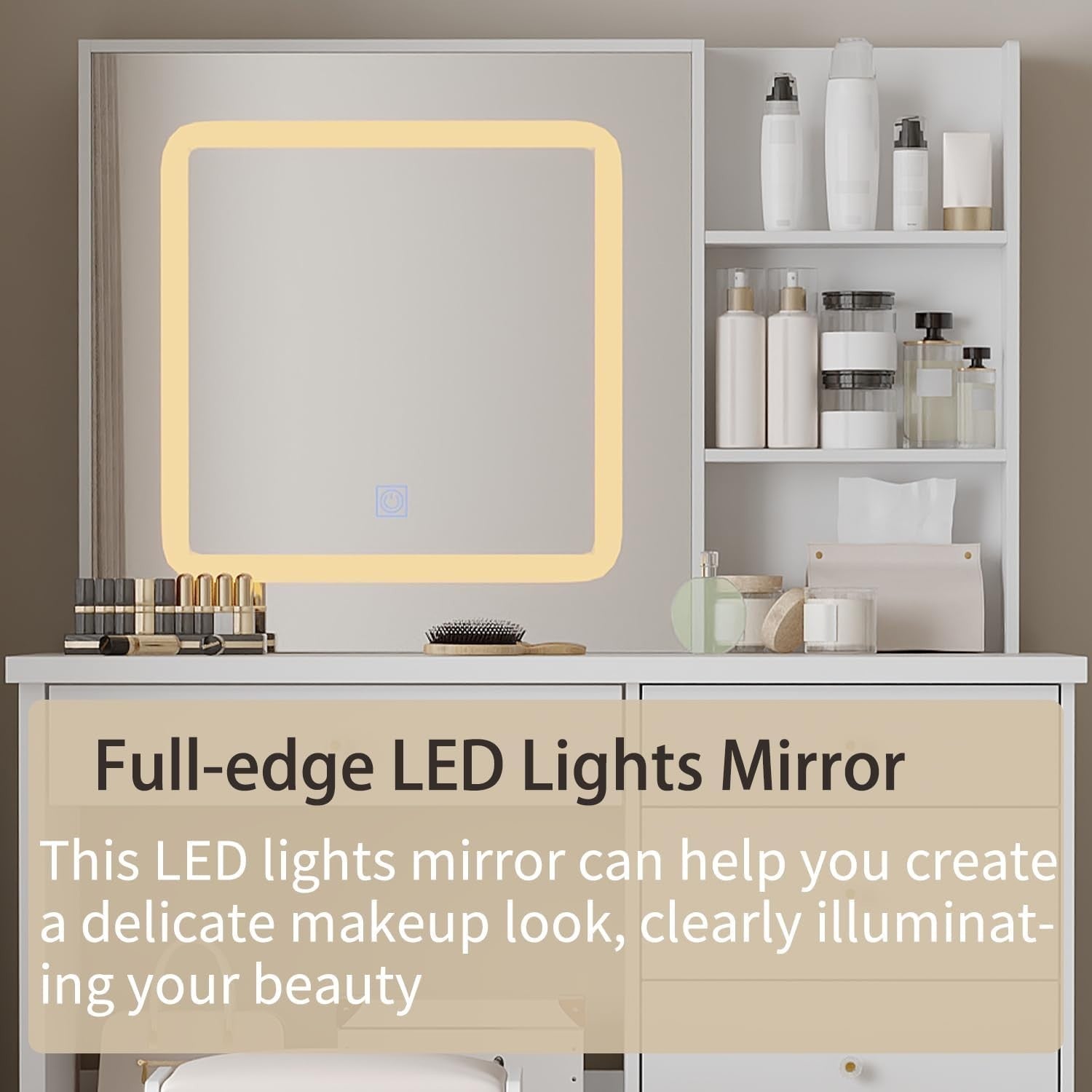 Makeup Vanity Dressing Table LED Mirror 5 Drawer Set & Stool Storage White - Kwikley