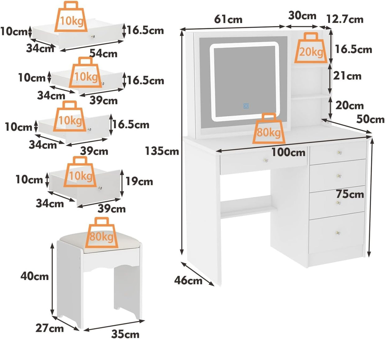 Makeup Vanity Dressing Table LED Mirror 5 Drawer Set & Stool Storage White - Kwikley