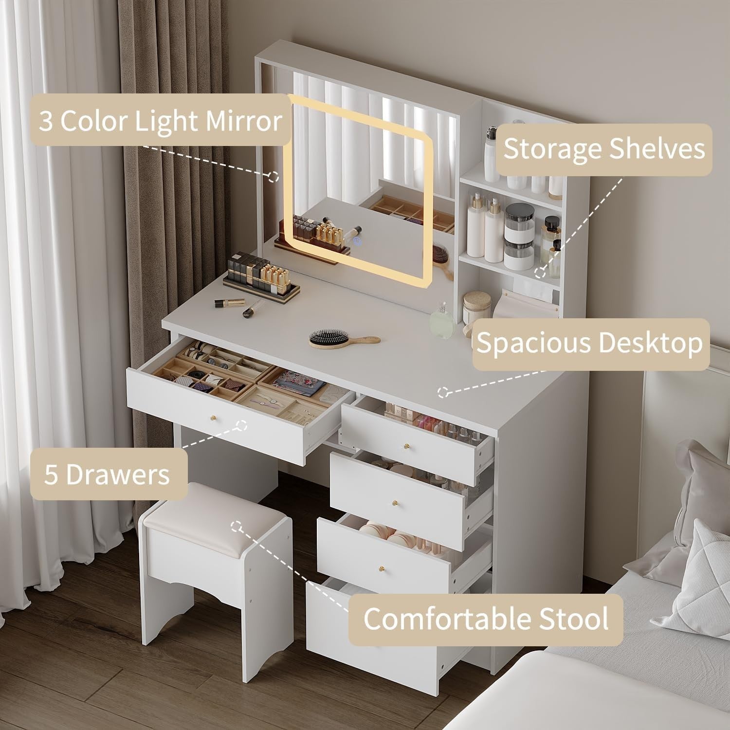Makeup Vanity Dressing Table LED Mirror 5 Drawer Set & Stool Storage White - Kwikley