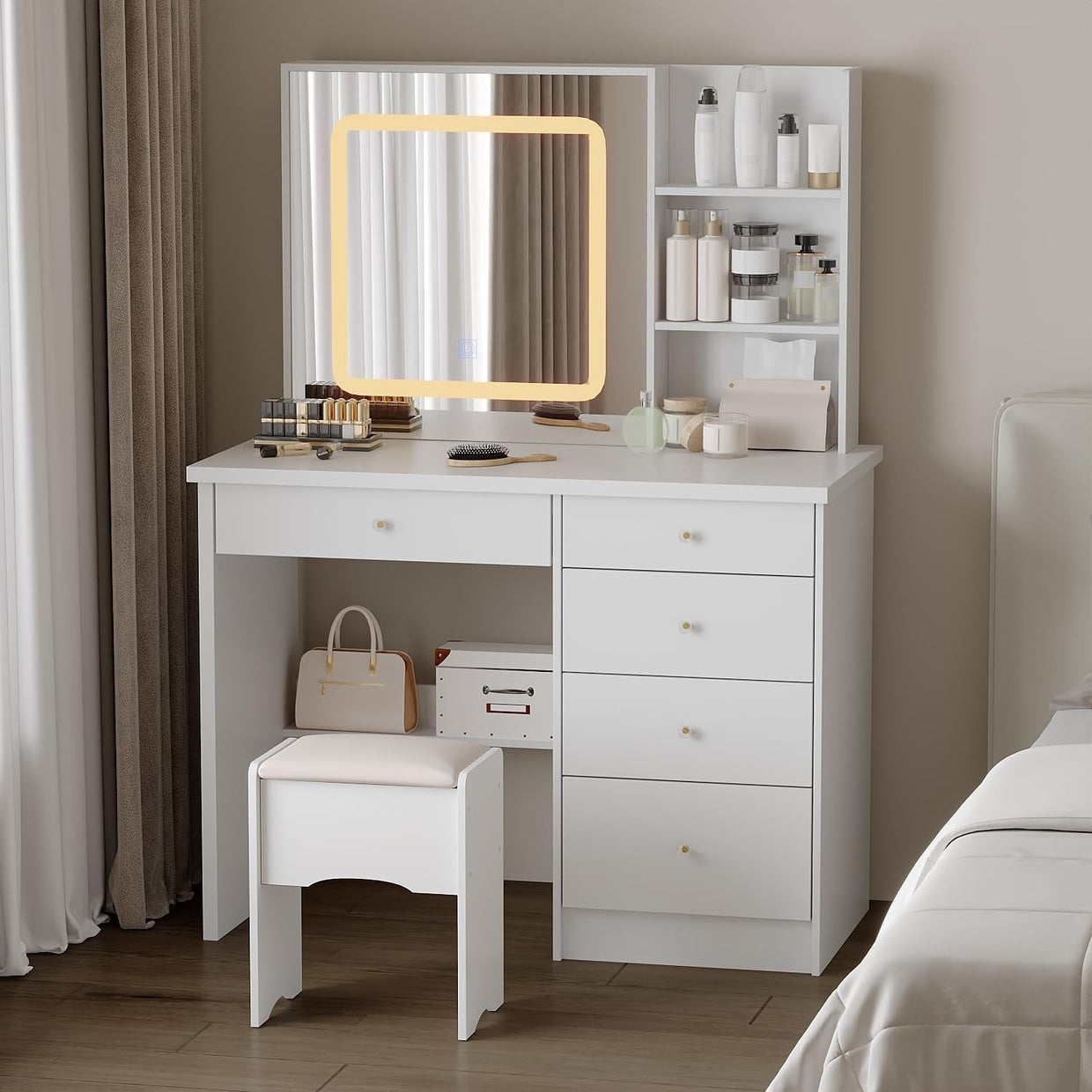 Makeup Vanity Dressing Table LED Mirror 5 Drawer Set & Stool Storage White - Kwikley
