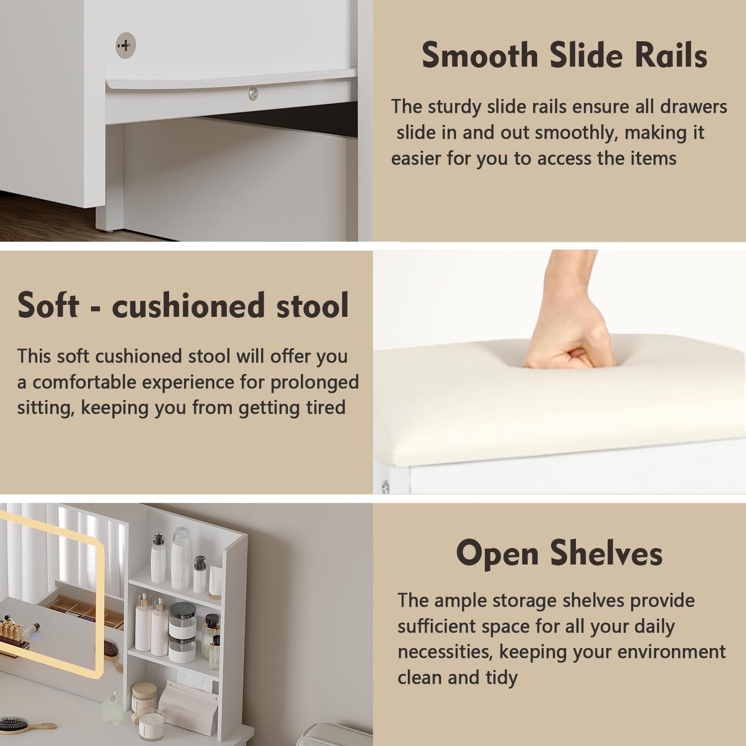 Makeup Vanity Dressing Table LED Mirror 5 Drawer Set & Stool Storage White - Kwikley
