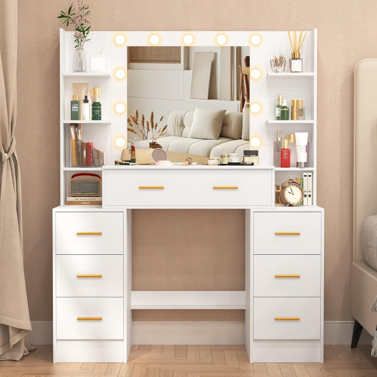 Makeup Vanity Dressing Table w/ Mirror & LED Lights 7 Drawers Stool White Modern - Kwikley