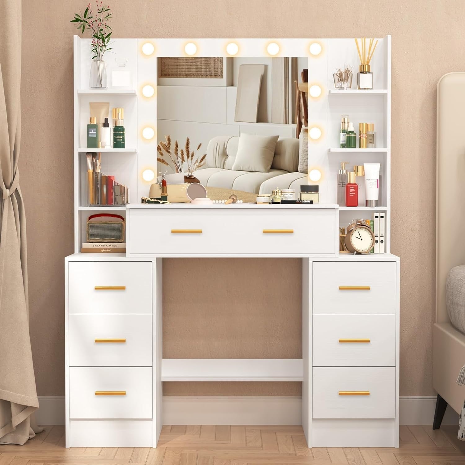 Makeup Vanity Dressing Table w/ Mirror & LED Lights 7 Drawers Stool White Modern - Kwikley