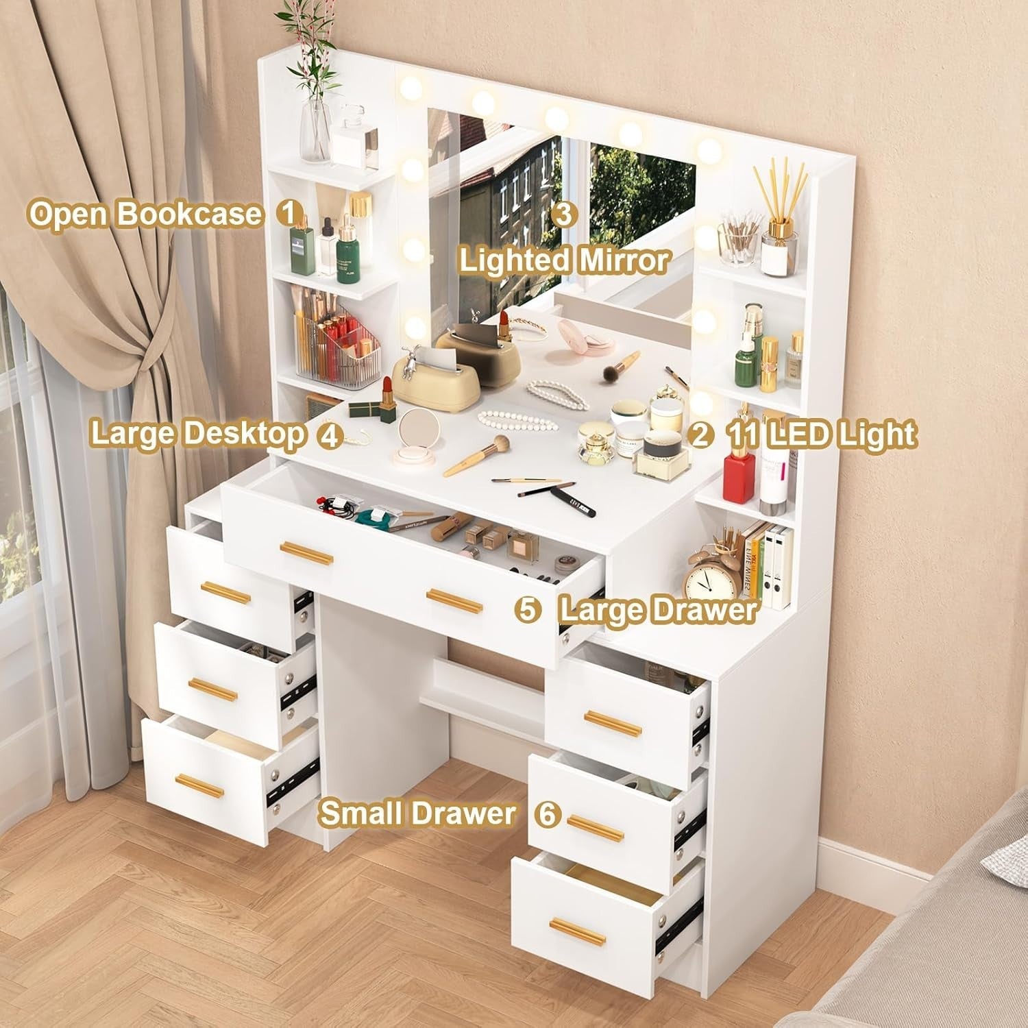 Makeup Vanity Dressing Table w/ Mirror & LED Lights 7 Drawers Stool White Modern - Kwikley