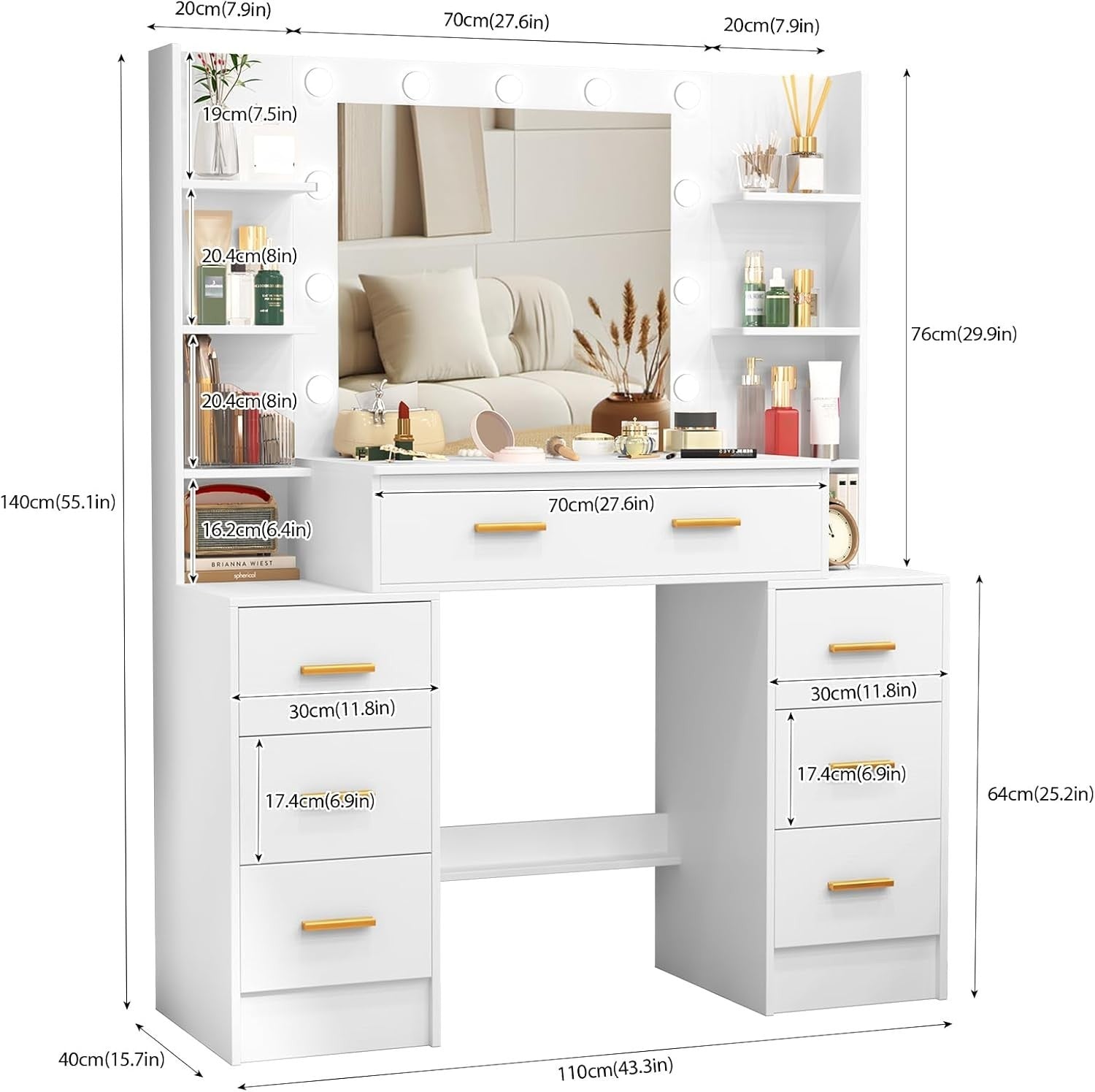 Makeup Vanity Dressing Table w/ Mirror & LED Lights 7 Drawers Stool White Modern - Kwikley