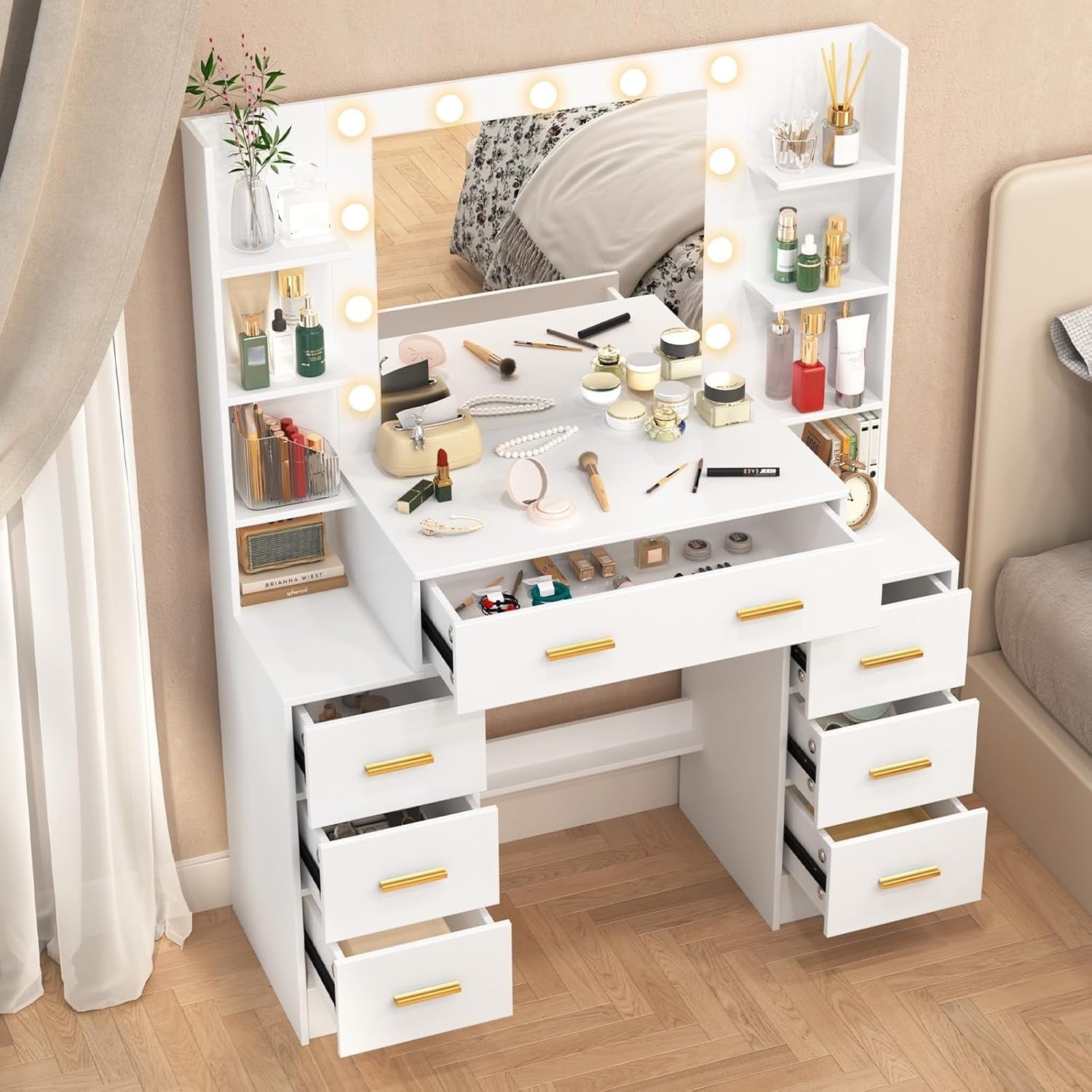 Makeup Vanity Dressing Table w/ Mirror & LED Lights 7 Drawers Stool White Modern - Kwikley