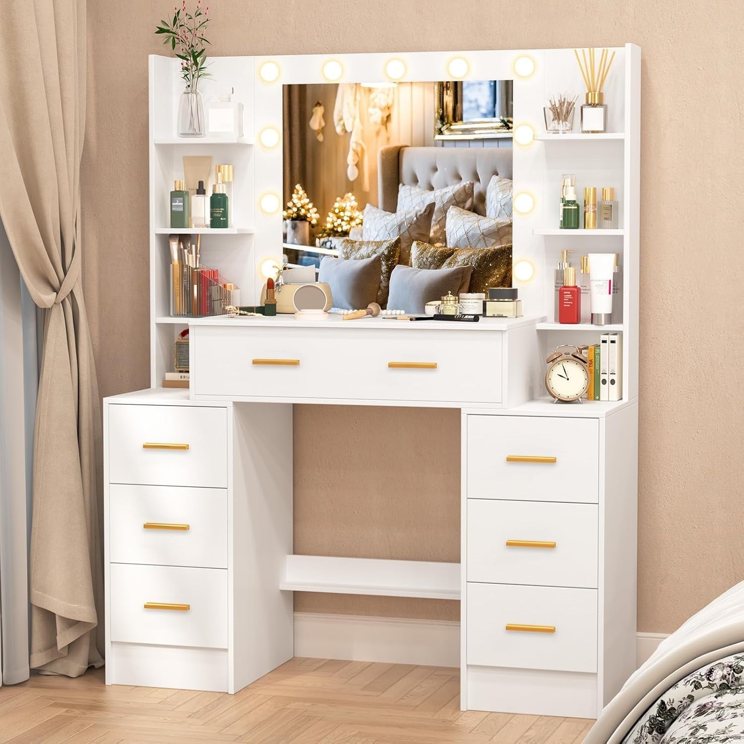 Makeup Vanity Dressing Table w/ Mirror & LED Lights 7 Drawers Stool White Modern - Kwikley