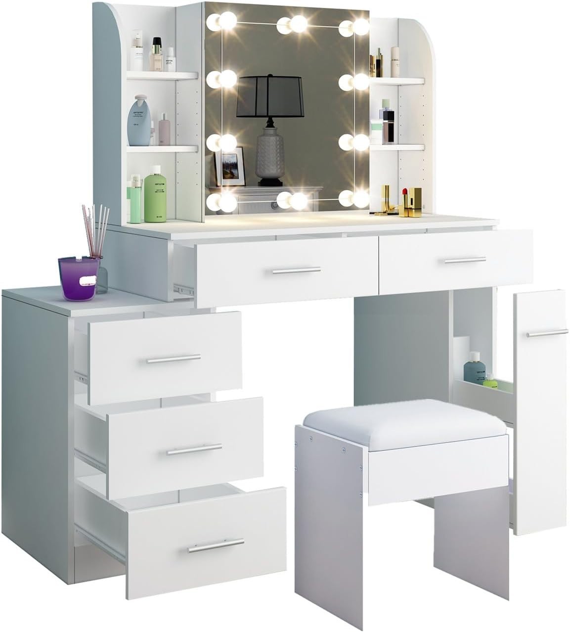 Makeup Vanity Dressing Table w/ Mirror Lights 6 Drawers Storage White Modern - Kwikley