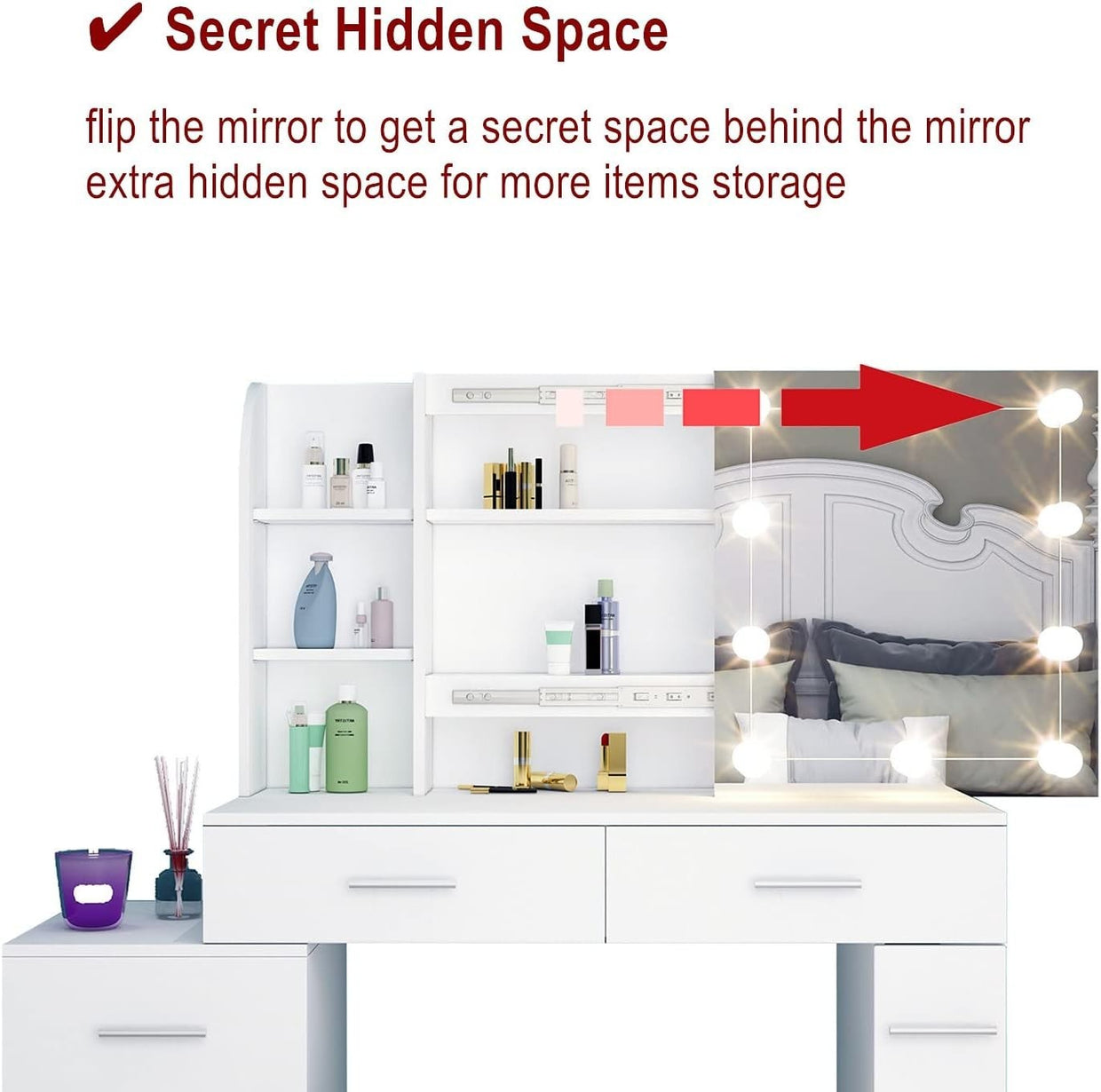 Makeup Vanity Dressing Table w/ Mirror Lights 6 Drawers Storage White Modern - Kwikley
