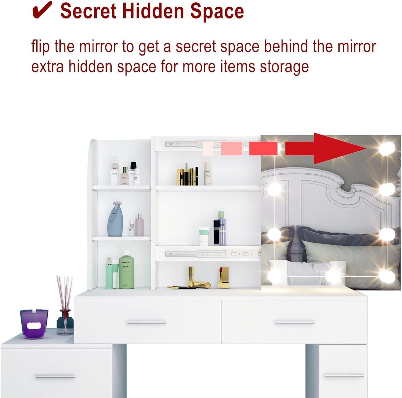 Makeup Vanity Dressing Table w/ Mirror Lights 6 Drawers Storage White Modern - Kwikley