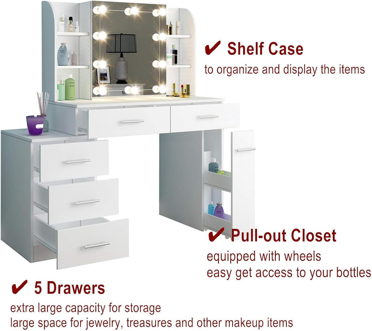 Makeup Vanity Dressing Table w/ Mirror Lights 6 Drawers Storage White Modern - Kwikley