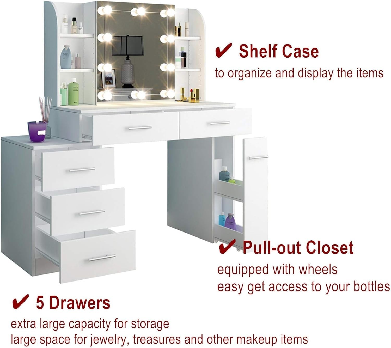 Makeup Vanity Dressing Table w/ Mirror Lights 6 Drawers Storage White Modern - Kwikley