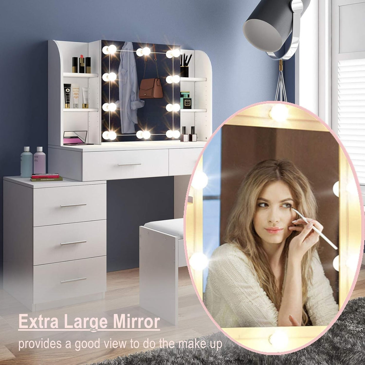 Makeup Vanity Dressing Table w/ Mirror Lights 6 Drawers Storage White Modern - Kwikley
