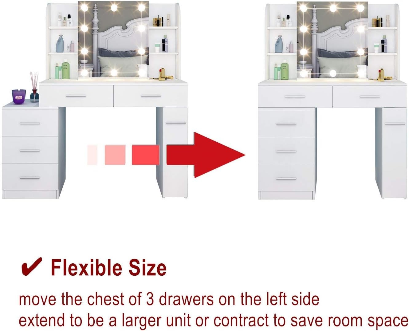 Makeup Vanity Dressing Table w/ Mirror Lights 6 Drawers Storage White Modern - Kwikley