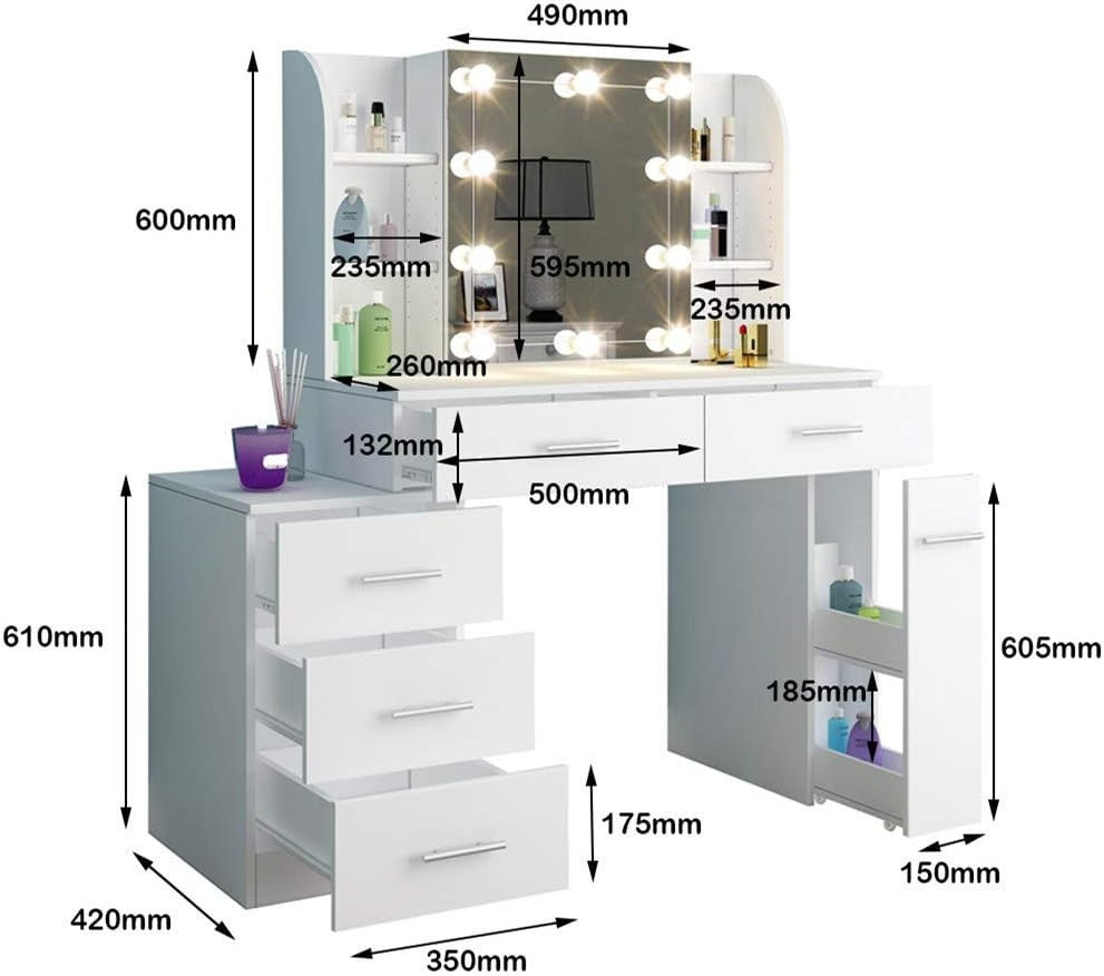 Makeup Vanity Dressing Table w/ Mirror Lights 6 Drawers Storage White Modern - Kwikley