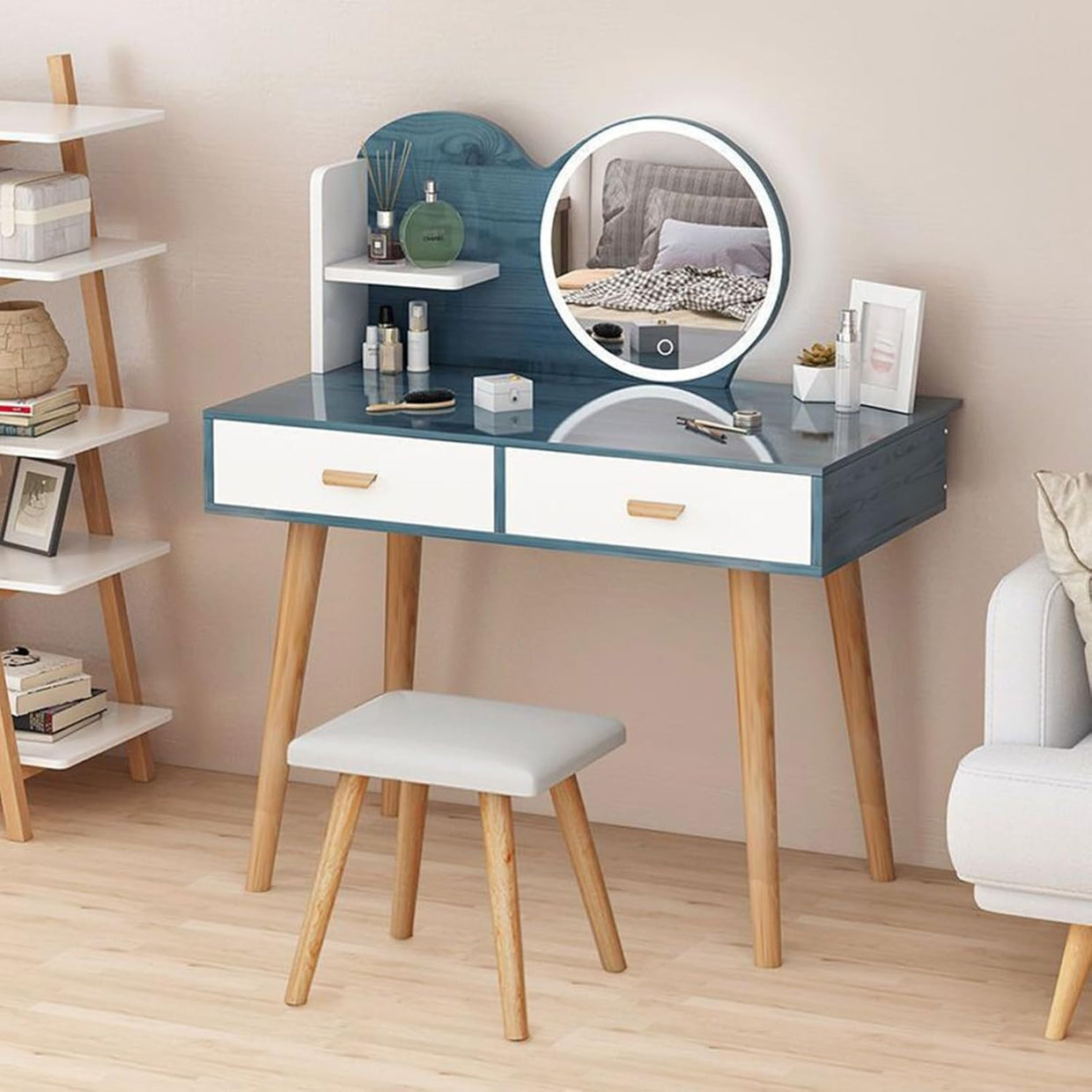 Makeup Vanity Set w/ LED Mirror & Stool, Dressing Table Desk w/ Drawers Blue - Kwikley