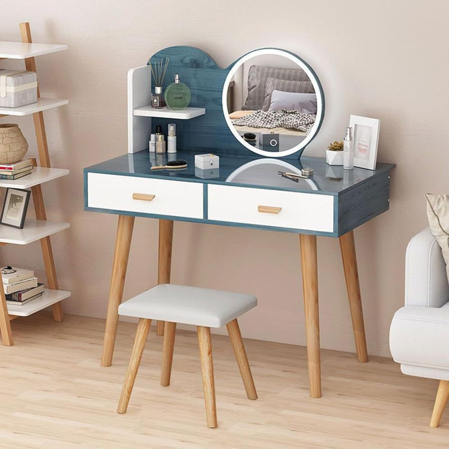 Makeup Vanity Set w/ LED Mirror & Stool, Dressing Table Desk w/ Drawers Blue - Kwikley