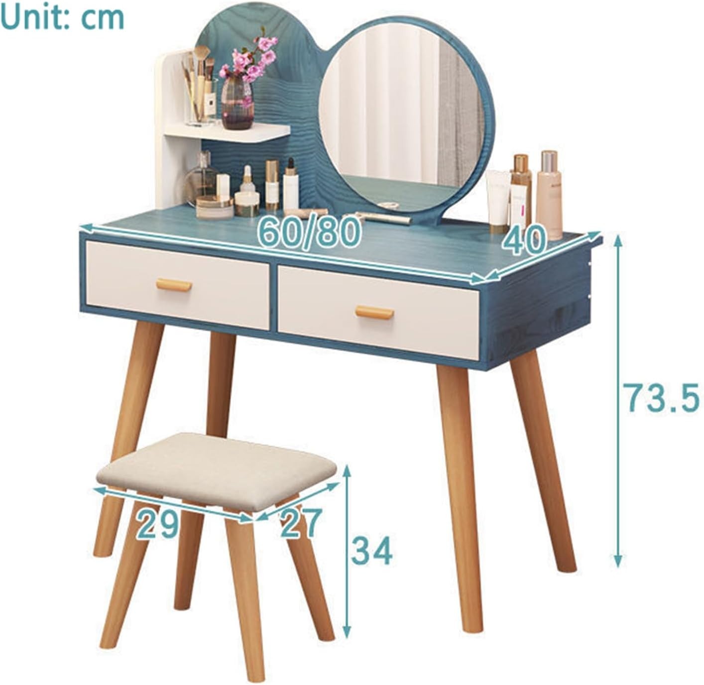 Makeup Vanity Set w/ LED Mirror & Stool, Dressing Table Desk w/ Drawers Blue - Kwikley