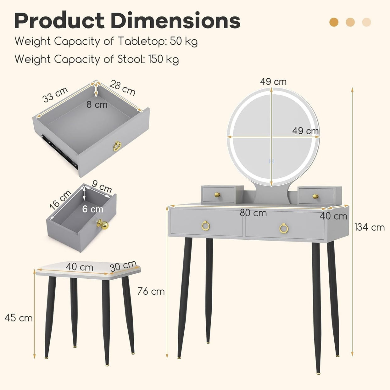 Makeup Vanity Table Set w/ 3 - Color LED Mirror 4 Drawers Desk Stool Grey/Black - Kwikley