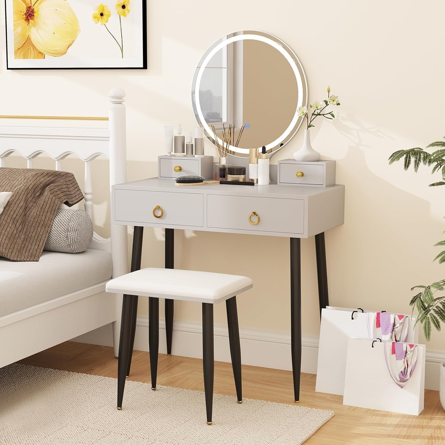 Makeup Vanity Table Set w/ 3 - Color LED Mirror 4 Drawers Desk Stool Grey/Black - Kwikley