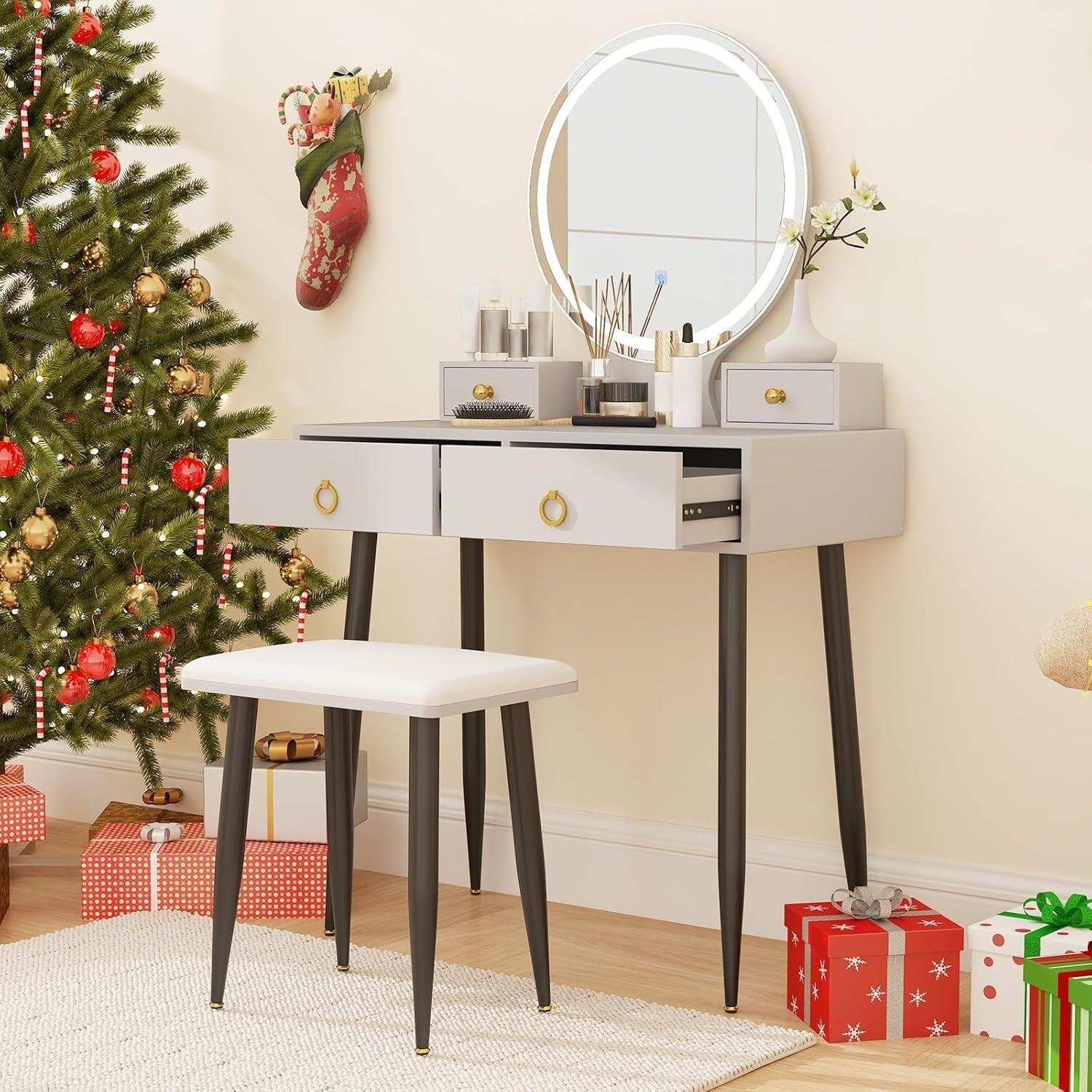 Makeup Vanity Table Set w/ 3 - Color LED Mirror 4 Drawers Desk Stool Grey/Black - Kwikley